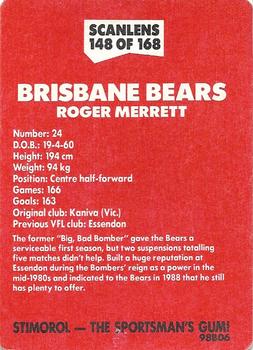 1989 Scanlens VFL #148 Roger Merrett Back